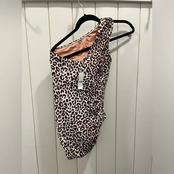 NWT J.CREW One Shoulder Ruched One Piece Swimsuit Leopard Brown Size 2 Shaping - Picture 3 of 6